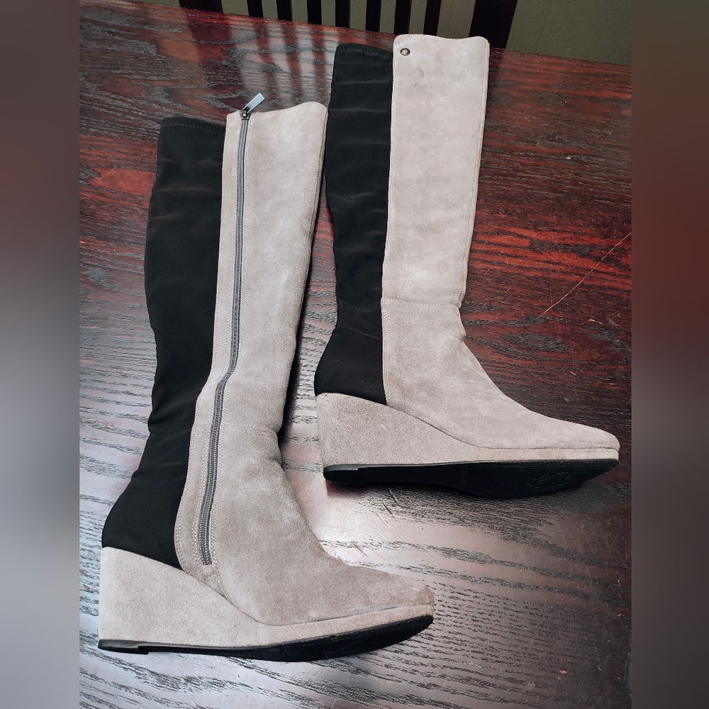Vince Camuto split shaft suede wedge tall boots, size 7.5